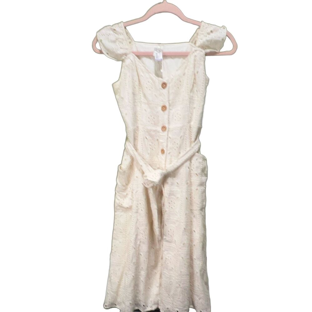 Anthropologie Petite 0P White Eyelet Knit Shirt Dress Square Neck Cap Sleeve